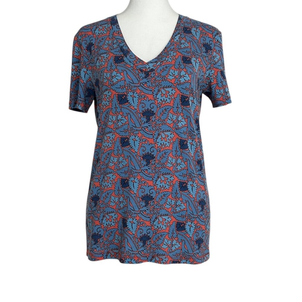 Tory Burch Pima Cotton V-Neck Sea Coral Artemis Short Sleeve Artsy T-Shirt Top S